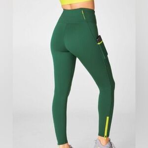 Fabletics Forest Green Leggings with Yellow Accents